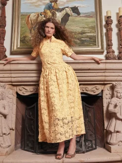 Dresses|Misook Maxi Pleated Drop Waist Dress - Floral Applique Woven PaleGold