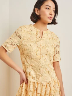 Dresses|Misook Maxi Pleated Drop Waist Dress - Floral Applique Woven PaleGold