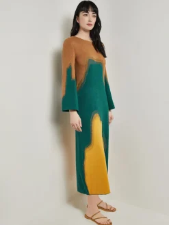 Dresses|Misook Maxi Shift Dress - Abstract Jacquard Cozy Knit Spruce/Ochre/Copper