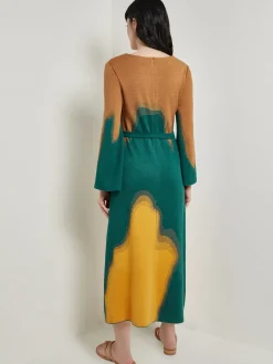 Dresses|Misook Maxi Shift Dress - Abstract Jacquard Cozy Knit Spruce/Ochre/Copper