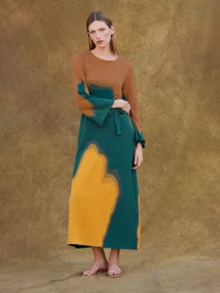 Dresses|Misook Maxi Shift Dress - Abstract Jacquard Cozy Knit Spruce/Ochre/Copper