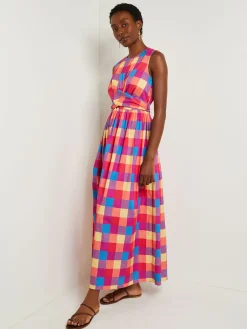 Dresses|Misook Maxi Tie Waist Dress - Plaid Cotton Blend RadiantPink/AdriaticBlue/Parchment