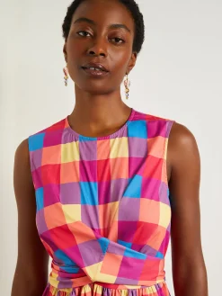 Dresses|Misook Maxi Tie Waist Dress - Plaid Cotton Blend RadiantPink/AdriaticBlue/Parchment
