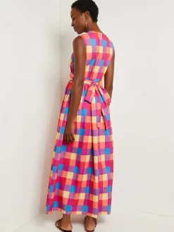 Dresses|Misook Maxi Tie Waist Dress - Plaid Cotton Blend RadiantPink/AdriaticBlue/Parchment