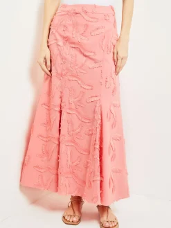Skirts|Misook Maxi Trumpet Skirt - Fringe Applique Cotton OceanCoral