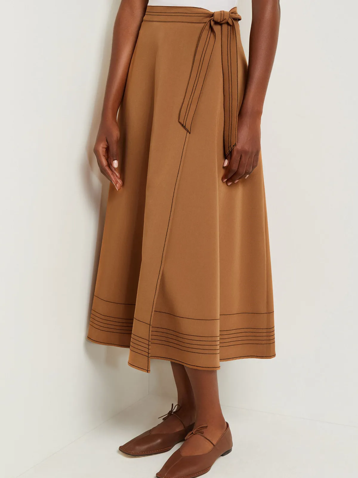 Skirts|Misook Maxi Wrap Skirt - Contrast Stitch Woven Twill Copper/Black