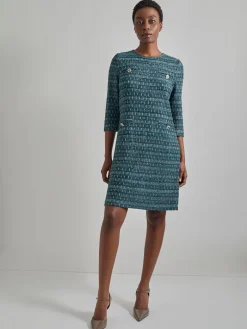 Dresses|Misook Metallic Accent Tweed Knit Shift Dress Spruce/Black/NewIvory