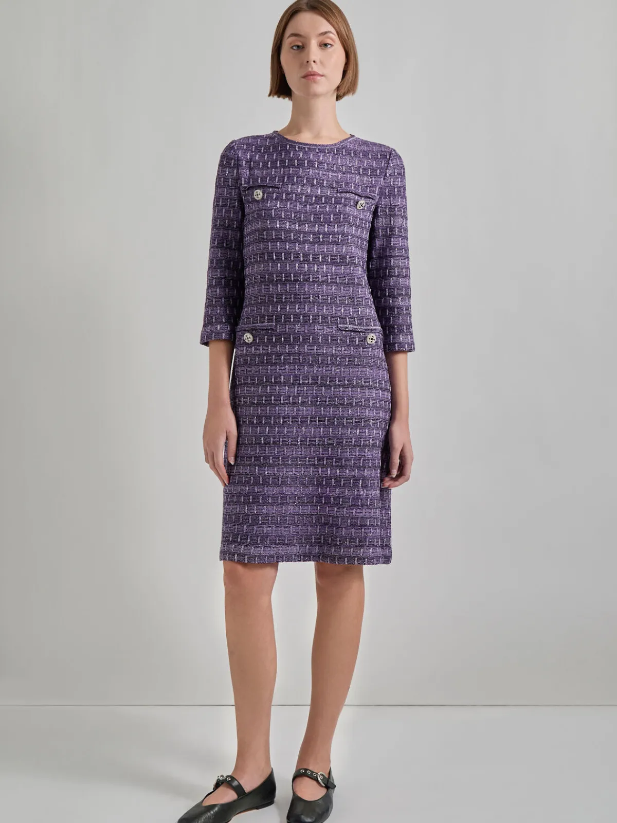 Dresses|Misook Metallic Accent Tweed Knit Shift Dress PlumRoyale/Black/NewIvory