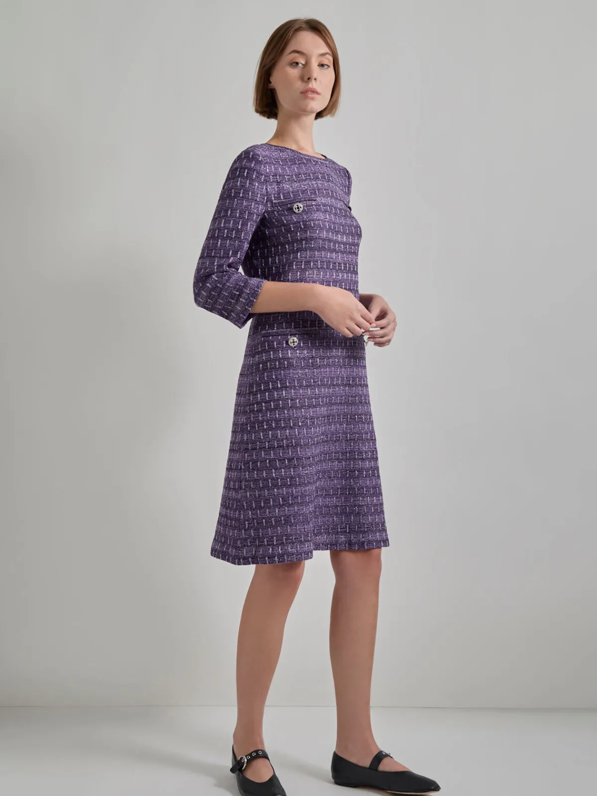 Dresses|Misook Metallic Accent Tweed Knit Shift Dress PlumRoyale/Black/NewIvory