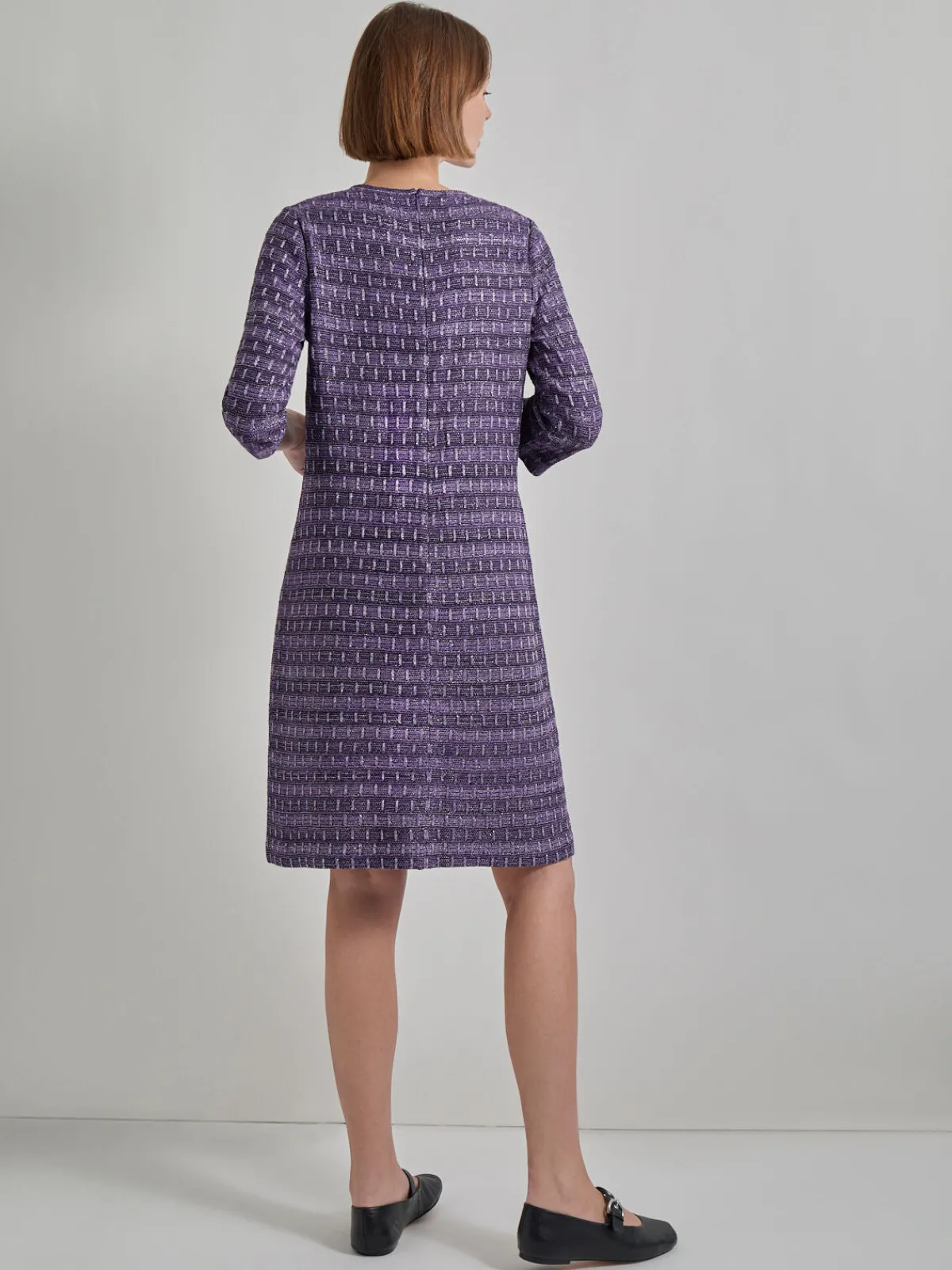 Dresses|Misook Metallic Accent Tweed Knit Shift Dress PlumRoyale/Black/NewIvory