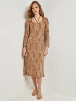Dresses|Misook Midi A-Line Dress - Ribbed Lurex Jacquard Knit Copper/NewIvory