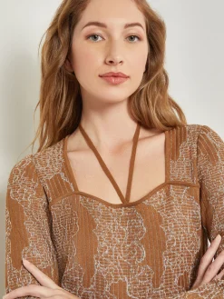 Dresses|Misook Midi A-Line Dress - Ribbed Lurex Jacquard Knit Copper/NewIvory