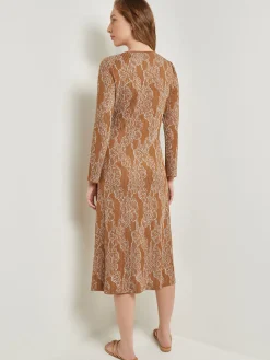 Dresses|Misook Midi A-Line Dress - Ribbed Lurex Jacquard Knit Copper/NewIvory