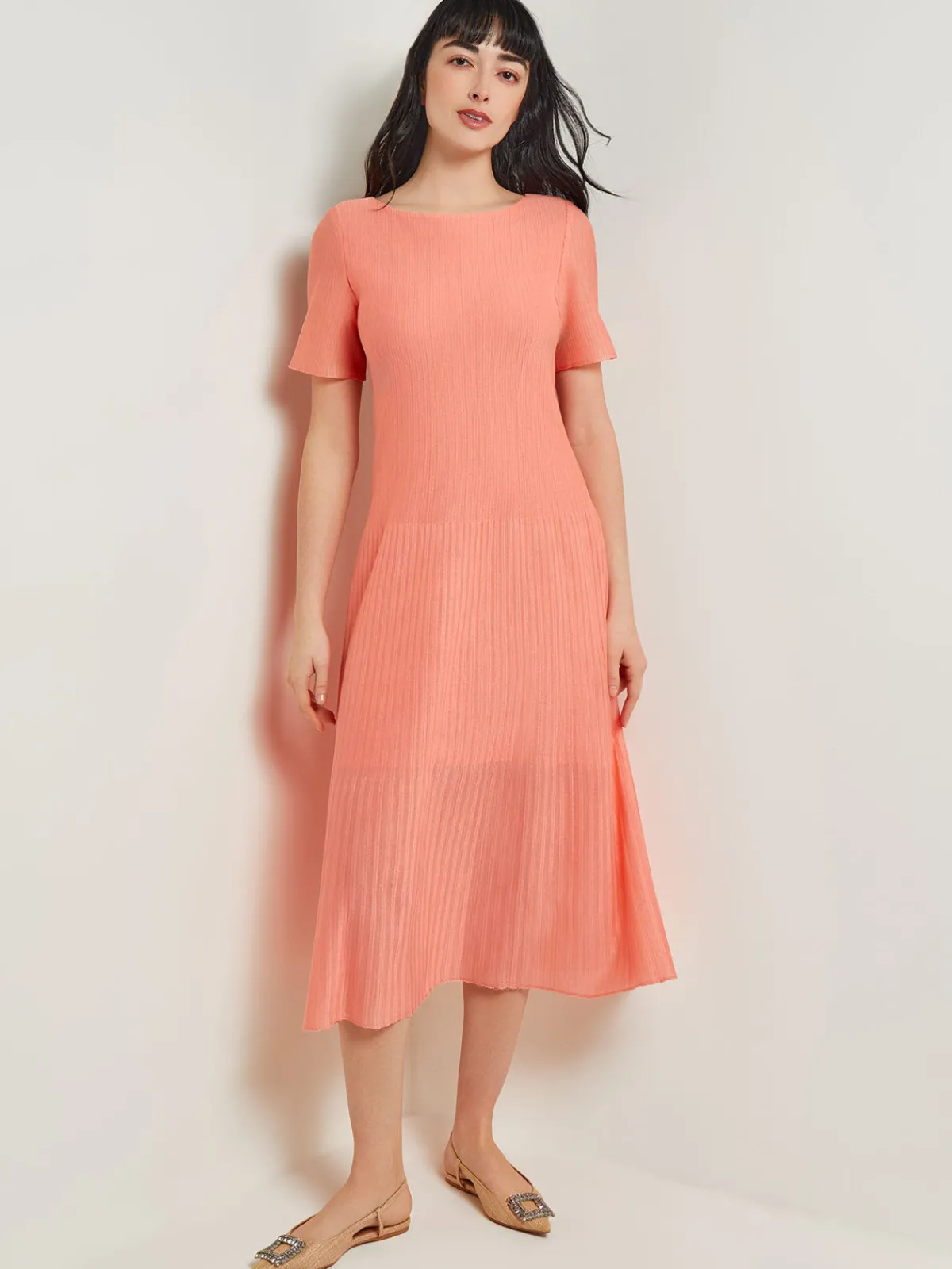 Dresses|Misook Midi A-Line Dress - Short Sleeve Burnout Knit OceanCoral