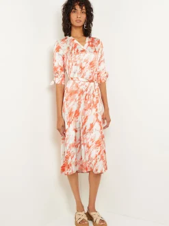 Dresses|Misook Midi A-Line Dress - V-Neck Print Crepe de Chine Spice/Citrine/ItalianClay/Biscotti/LightBiscotti