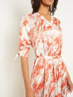 Dresses|Misook Midi A-Line Dress - V-Neck Print Crepe de Chine Spice/Citrine/ItalianClay/Biscotti/LightBiscotti