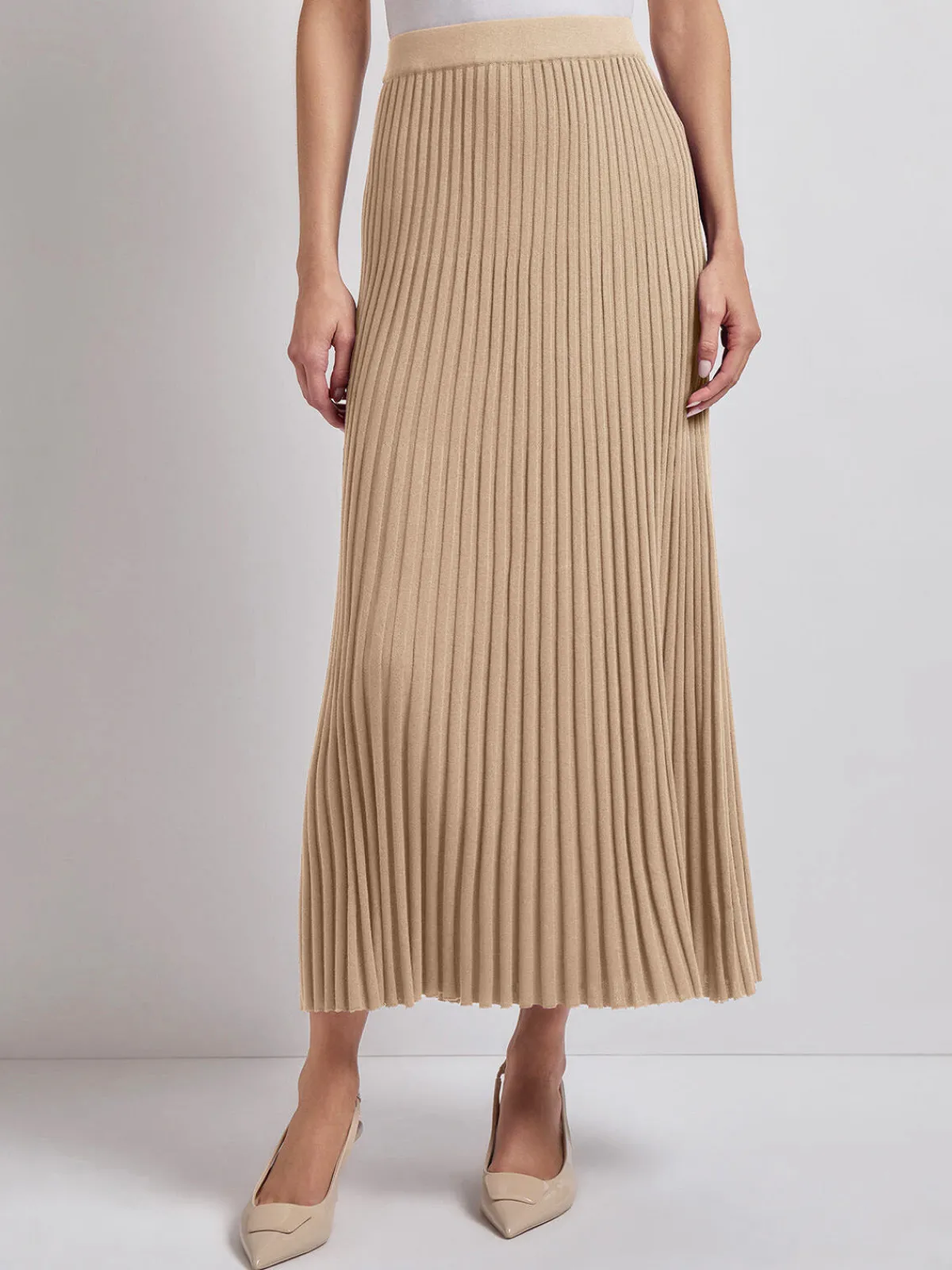 Skirts|Misook Midi A-Line Soft Ribbed Knit Skirt Sand