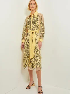 Dresses|Misook Midi Applique Shirtdress - Sheer Woven PaleGold/Black