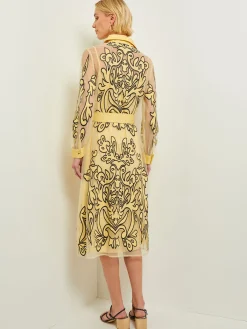 Dresses|Misook Midi Applique Shirtdress - Sheer Woven PaleGold/Black