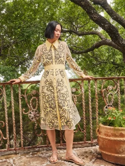 Dresses|Misook Midi Applique Shirtdress - Sheer Woven PaleGold/Black