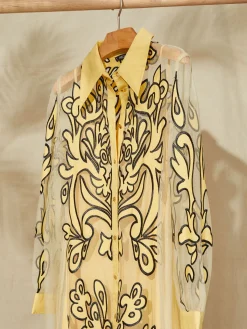 Dresses|Misook Midi Applique Shirtdress - Sheer Woven PaleGold/Black