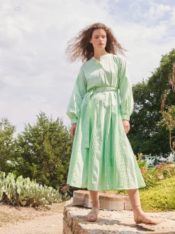 Dresses|Misook Midi Drop Waist Dress - Pointelle Stripe Mixed Media ParadiseGreen
