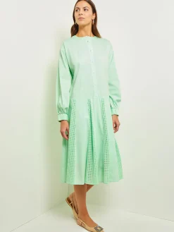Dresses|Misook Midi Drop Waist Dress - Pointelle Stripe Mixed Media ParadiseGreen