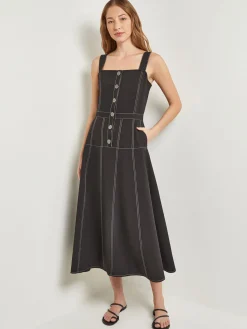 Dresses|Misook Midi Fit & Flare Dress - Button Front Woven Black/White