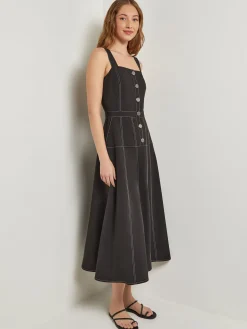 Dresses|Misook Midi Fit & Flare Dress - Button Front Woven Black/White