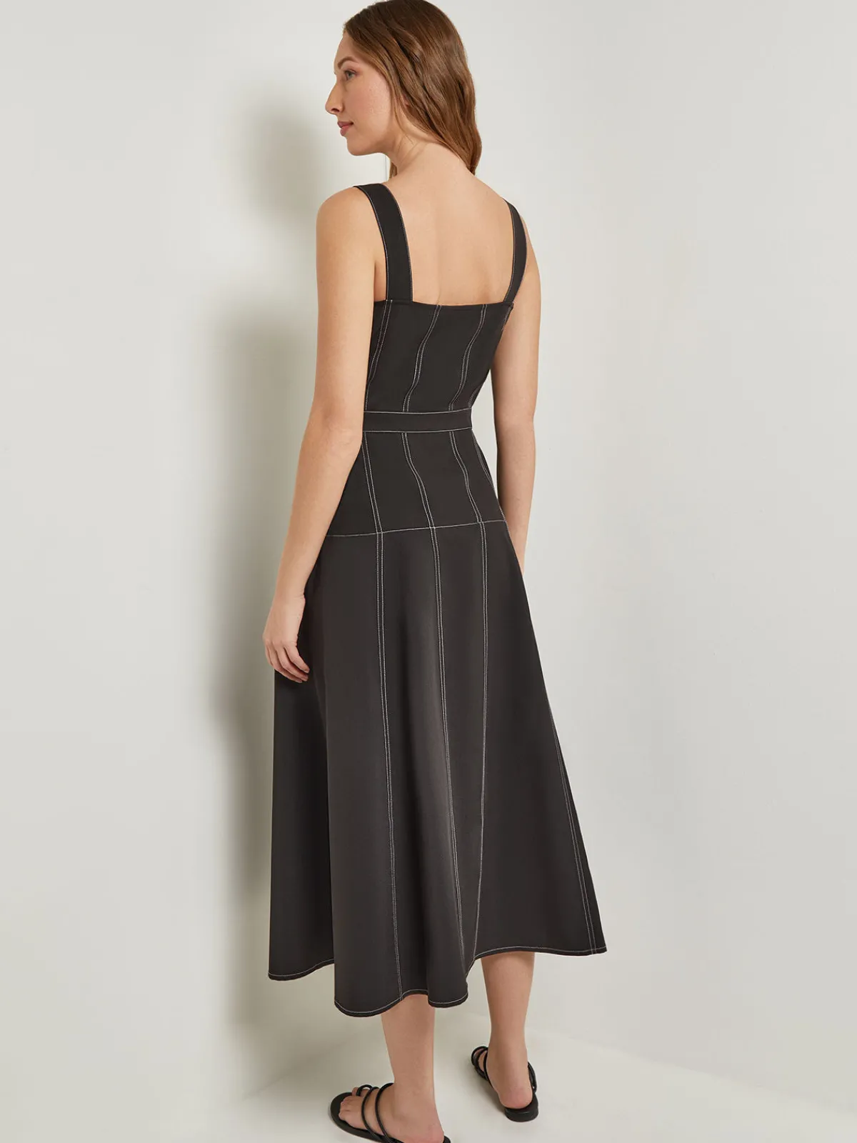 Dresses|Misook Midi Fit & Flare Dress - Button Front Woven Black/White