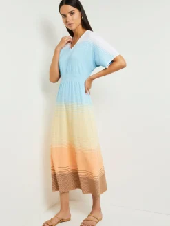 Dresses|Misook Midi Fit & Flare Dress - Soft Ombre Jacquard Knit CaribbeanMist/White/PaleGold/PeachBlossom/Black