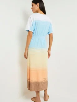 Dresses|Misook Midi Fit & Flare Dress - Soft Ombre Jacquard Knit CaribbeanMist/White/PaleGold/PeachBlossom/Black