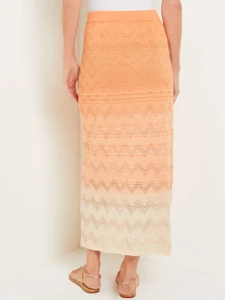 Skirts|Misook Midi Straight Skirt - Ombre Pointelle Soft Knit Citrine/ItalianClay/Biscotti