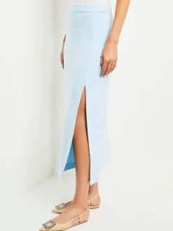 Skirts|Misook Midi Straight Skirt - Side Slit Tweed Knit CaribbeanMist/White