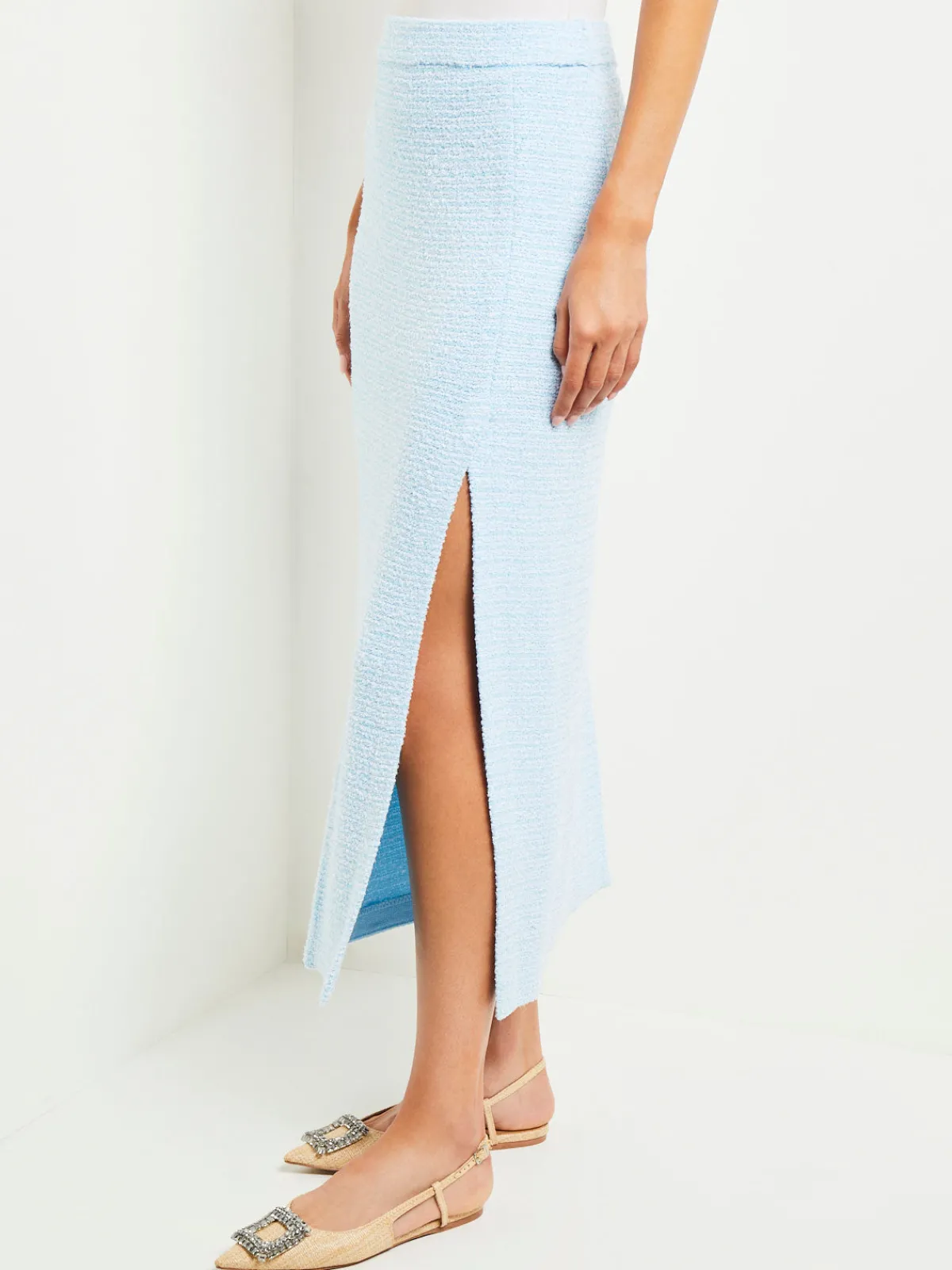 Skirts|Misook Midi Straight Skirt - Side Slit Tweed Knit CaribbeanMist/White