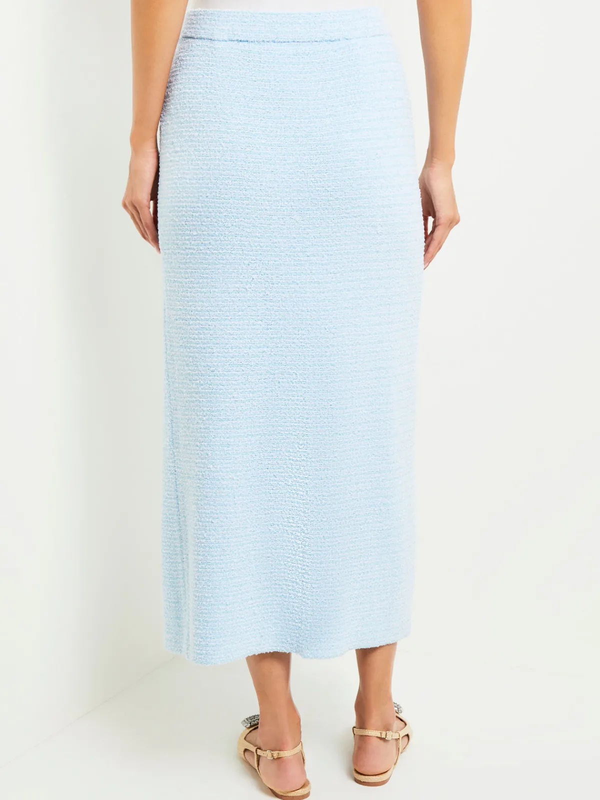 Skirts|Misook Midi Straight Skirt - Side Slit Tweed Knit CaribbeanMist/White