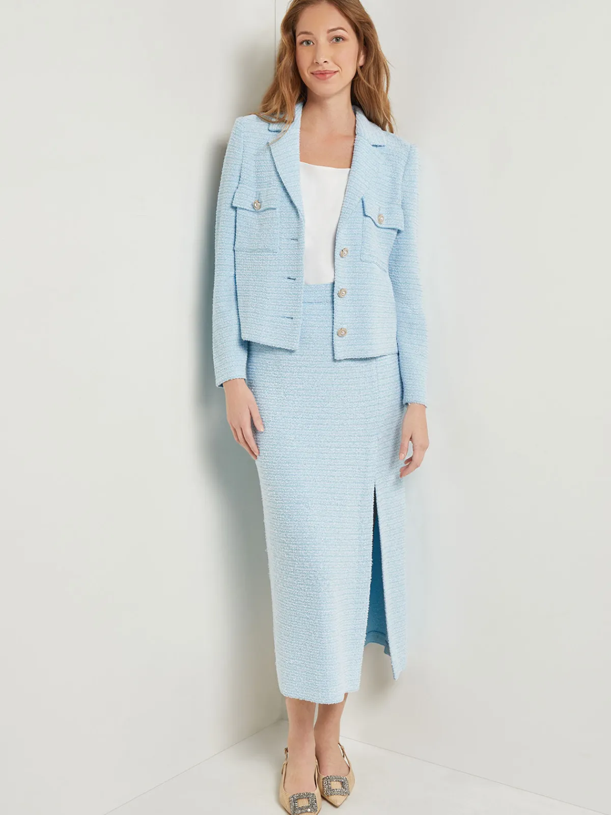 Skirts|Misook Midi Straight Skirt - Side Slit Tweed Knit CaribbeanMist/White