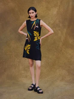 Dresses|Misook Mini A-Line Dress - Embroidered Open Ribbon Knit Black/Ochre/Spruce/Copper/NewIvory