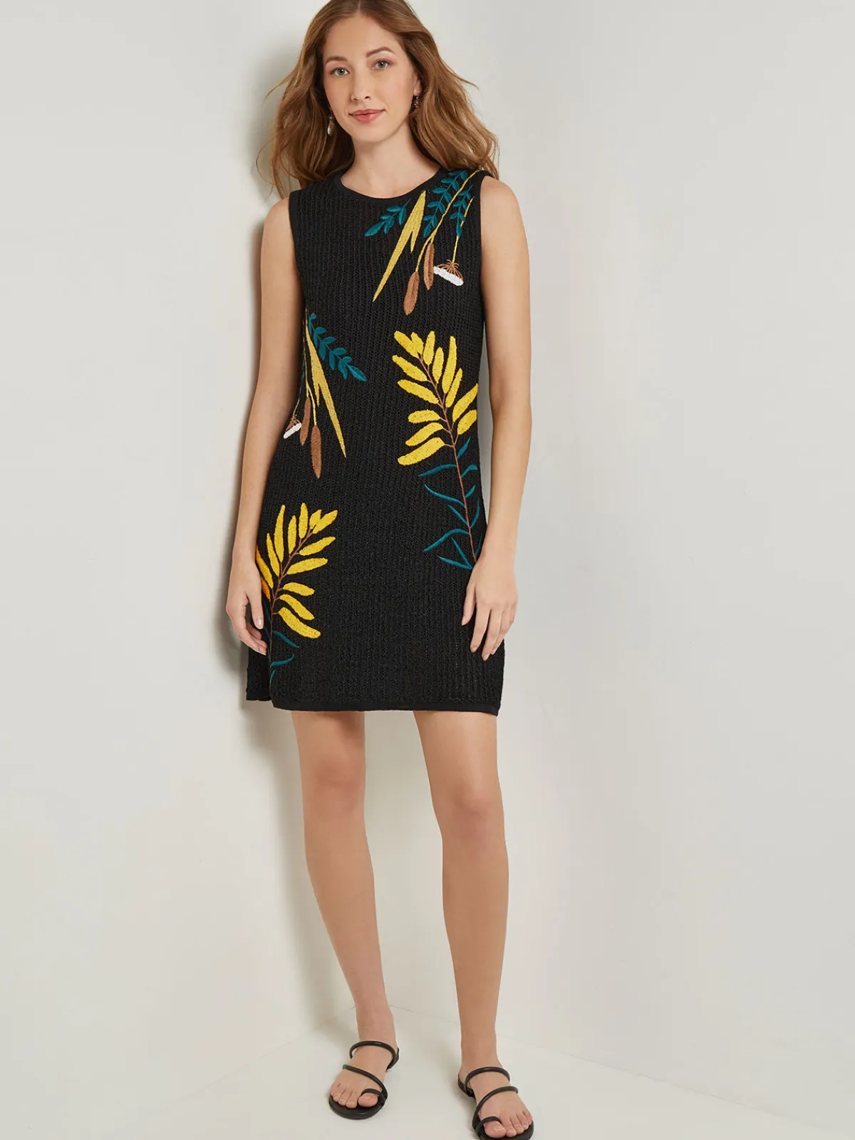 Dresses|Misook Mini A-Line Dress - Embroidered Open Ribbon Knit Black/Ochre/Spruce/Copper/NewIvory