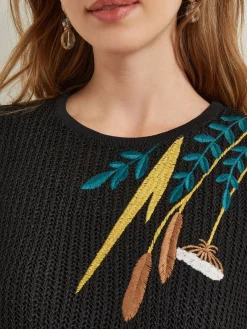 Dresses|Misook Mini A-Line Dress - Embroidered Open Ribbon Knit Black/Ochre/Spruce/Copper/NewIvory