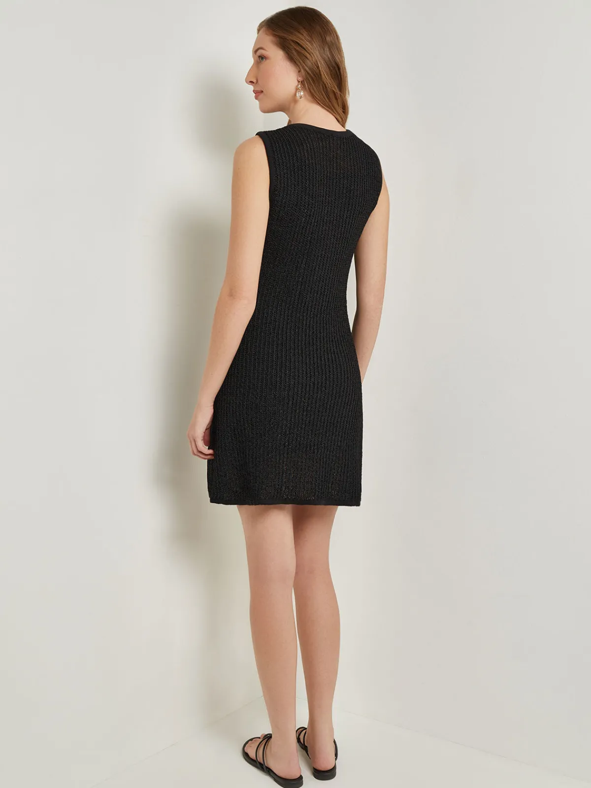 Dresses|Misook Mini A-Line Dress - Embroidered Open Ribbon Knit Black/Ochre/Spruce/Copper/NewIvory