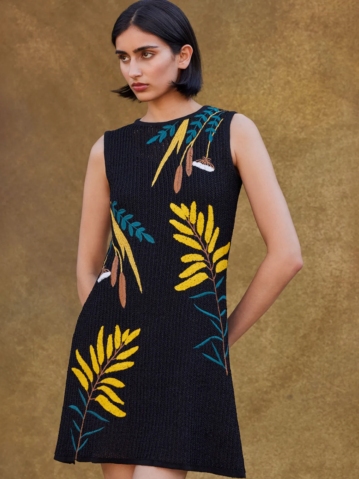 Dresses|Misook Mini A-Line Dress - Embroidered Open Ribbon Knit Black/Ochre/Spruce/Copper/NewIvory