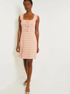 Dresses|Misook Mini A-Line Dress - Fringe Trim Tweed Knit PorcelainPink/OceanCoral/Charmeuse/Biscotti
