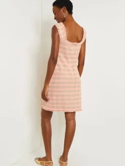 Dresses|Misook Mini A-Line Dress - Fringe Trim Tweed Knit PorcelainPink/OceanCoral/Charmeuse/Biscotti