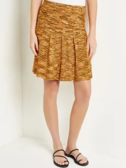 Skirts|Misook Mini A-Line Skirt - Pleated Tweed Knit Ochre/Black/Copper/NewIvory
