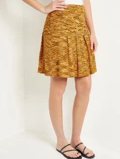 Skirts|Misook Mini A-Line Skirt - Pleated Tweed Knit Ochre/Black/Copper/NewIvory