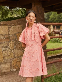 Dresses|Misook Mini Fit & Flare Dress - Puff Sleeve Fringe Applique Cotton OceanCoral