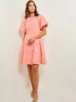 Dresses|Misook Mini Fit & Flare Dress - Puff Sleeve Fringe Applique Cotton OceanCoral