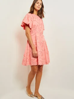 Dresses|Misook Mini Fit & Flare Dress - Puff Sleeve Fringe Applique Cotton OceanCoral