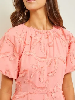Dresses|Misook Mini Fit & Flare Dress - Puff Sleeve Fringe Applique Cotton OceanCoral